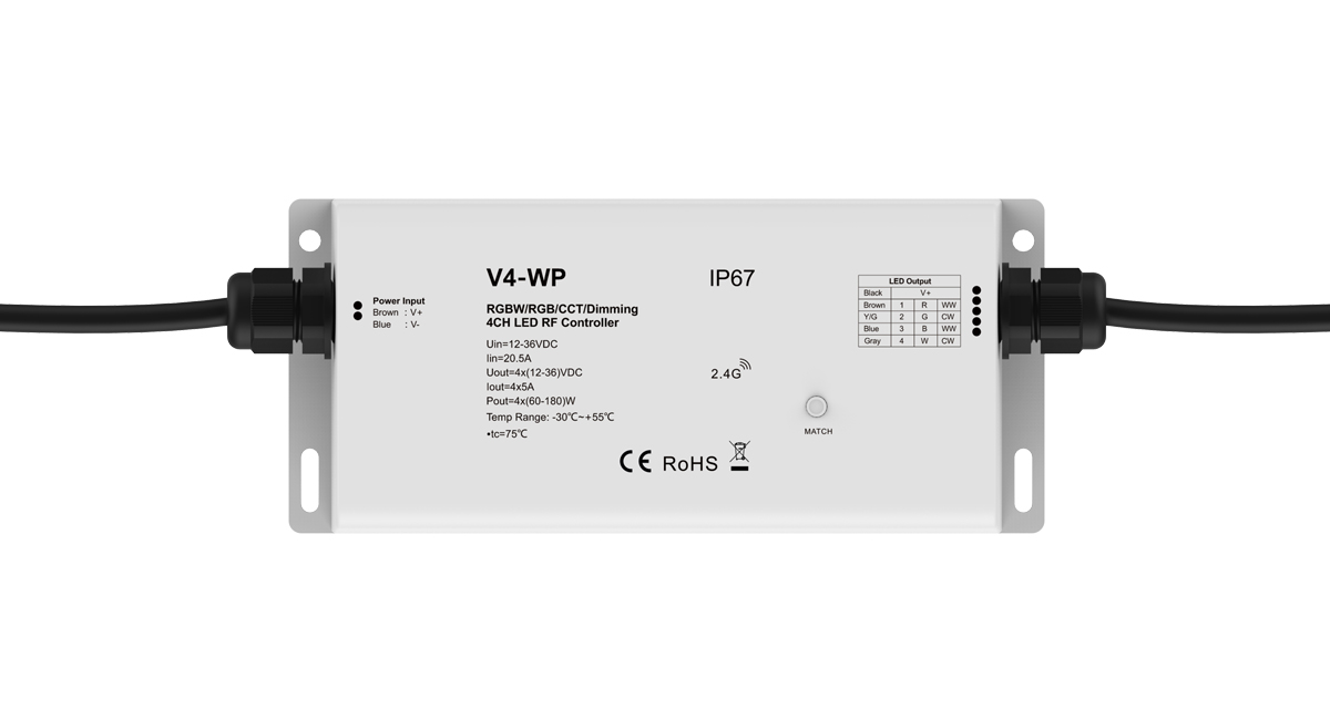LED Dimmer | 10 Zonne | RGBW  / CCT Controller | 4 x 60 Watt | 12-24 Volt | Waterdicht