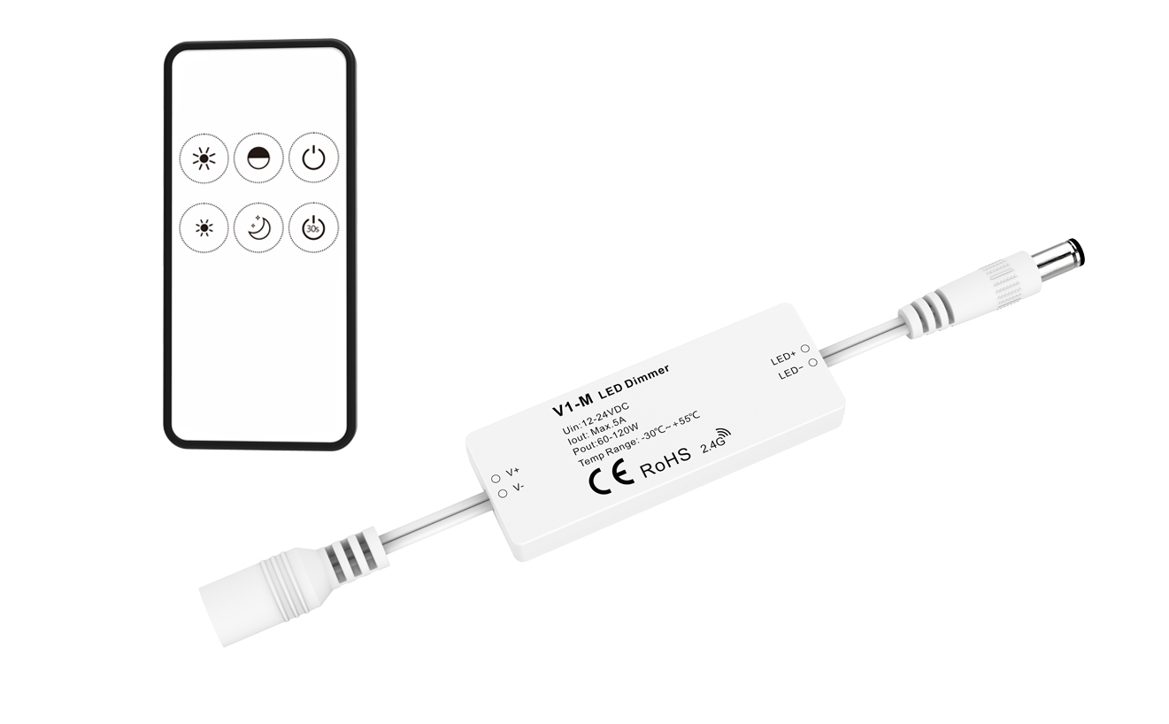 LED Dimmer | 12-24 Volt | 5 Ampere | met RF afstandbediening | Mini | Type RM1+5A-DM Kit