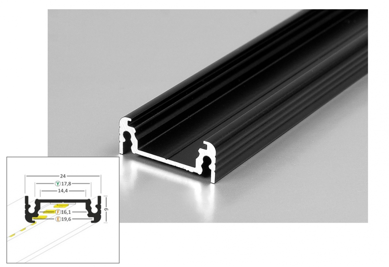 LED Profiel SURFACE | Opaal, PC, UV Bestendig | 2 Meter | Zwart