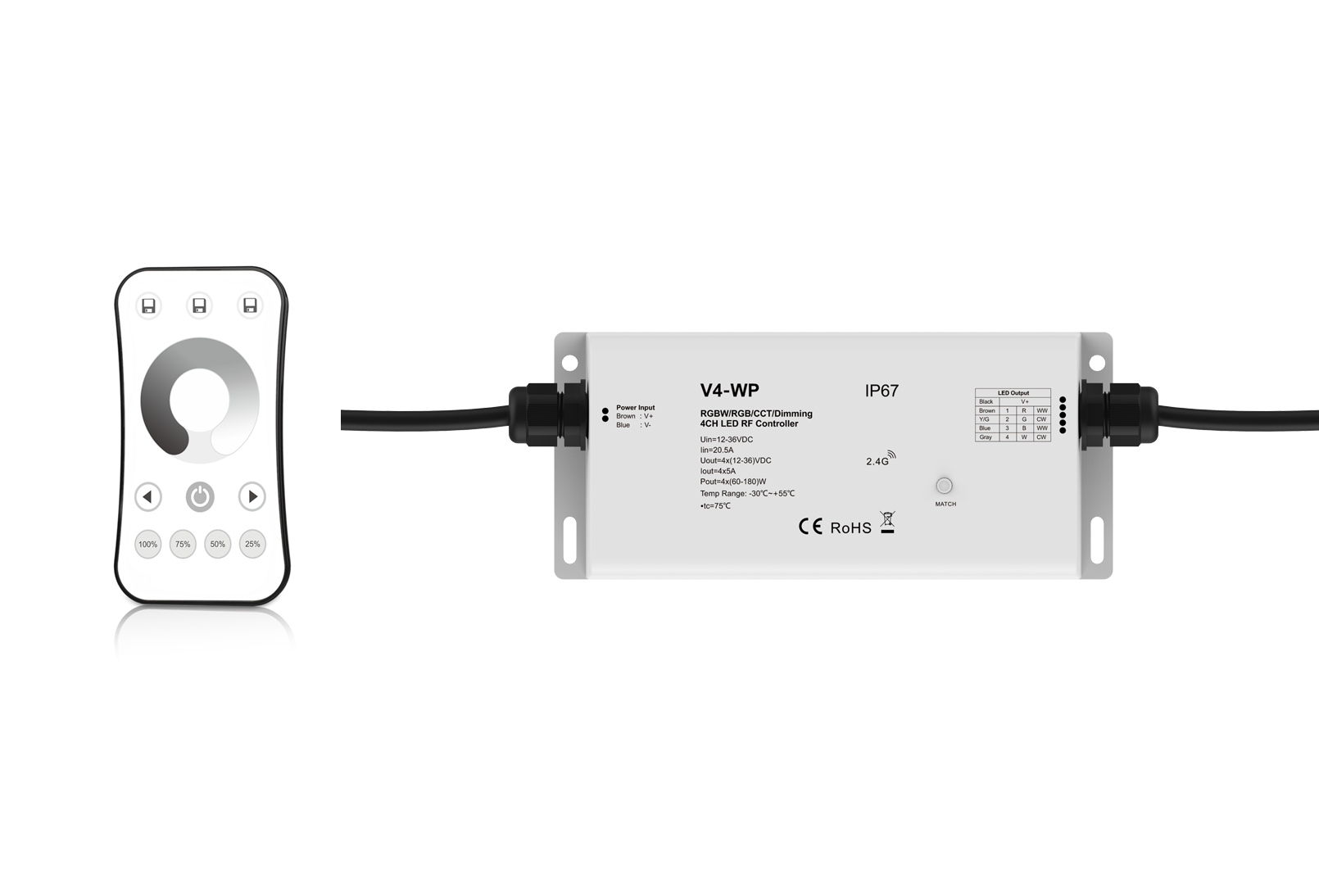 LED Dimmer | 12-24 Volt | 8 Ampere | met RF afstandbediening | Waterdicht | Type V4-WP+R11